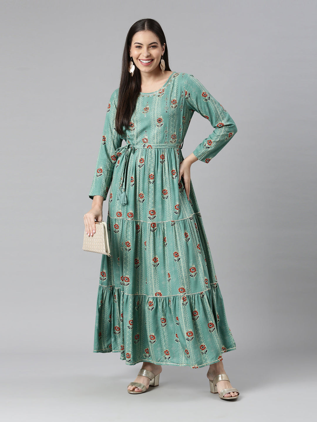 Neerus Green printed anarkali kurta - detail view 3