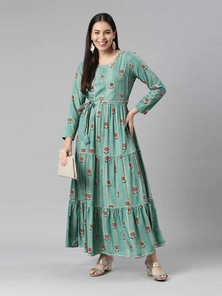 Neerus Green printed anarkali kurta - detail view 3