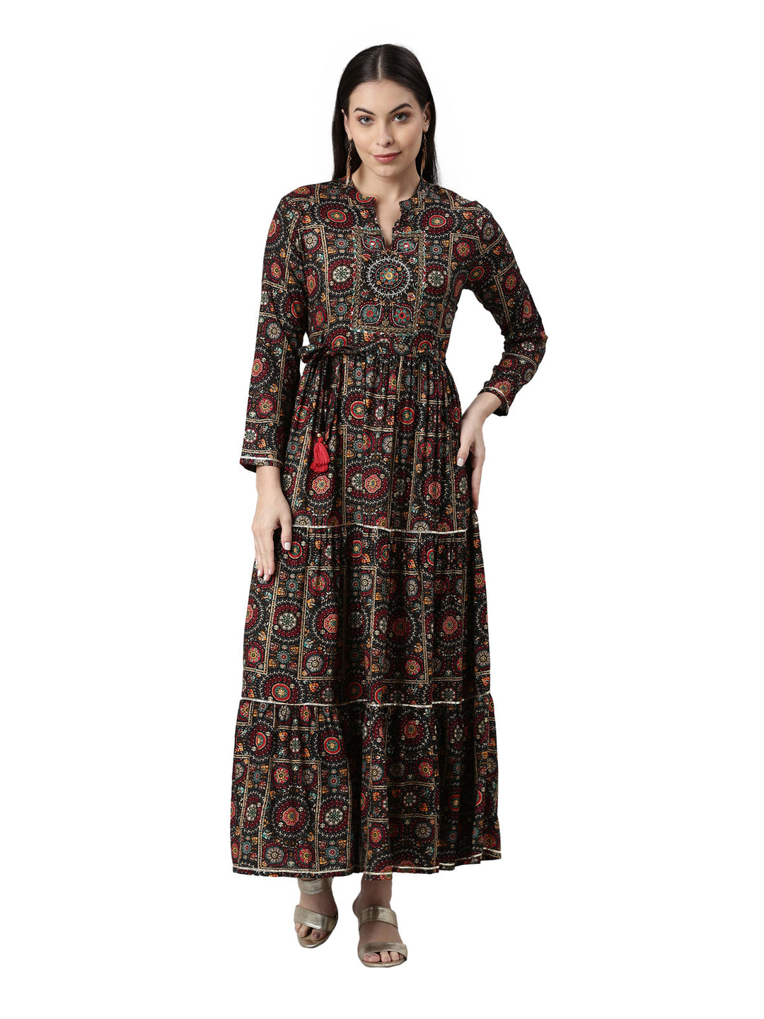 Neerus Multi cotton mirror work anarkali kurta - front view