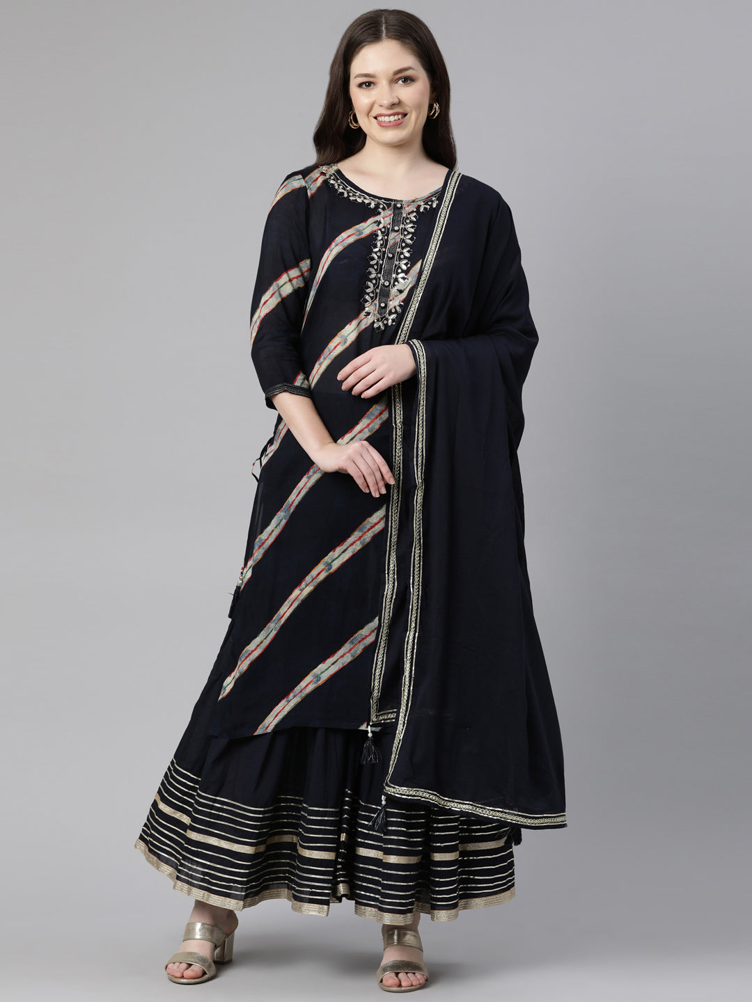 Neerus Blue cotton anarkali sharara set - front view