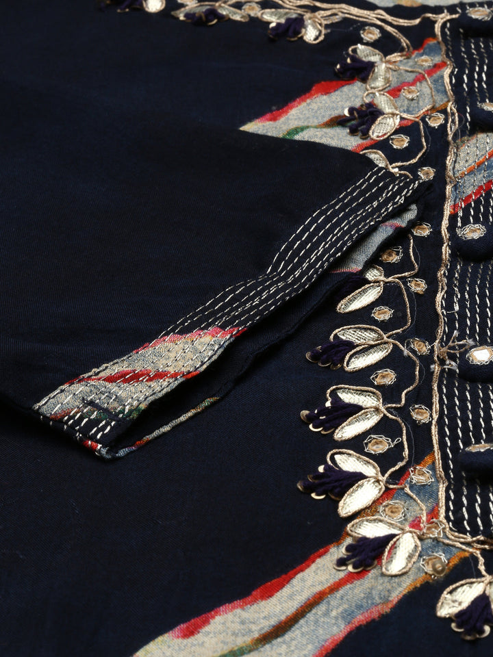 Neerus Blue cotton anarkali sharara set - detail view 1