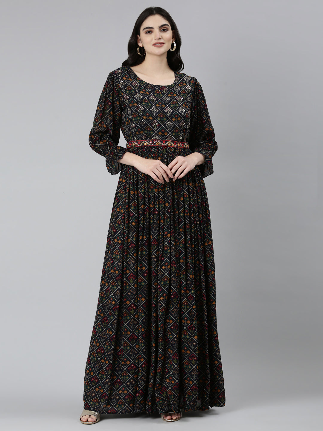 Neerus Blue floral printed straight dress - front view