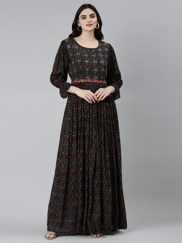 Neerus Blue floral printed straight dress - front view