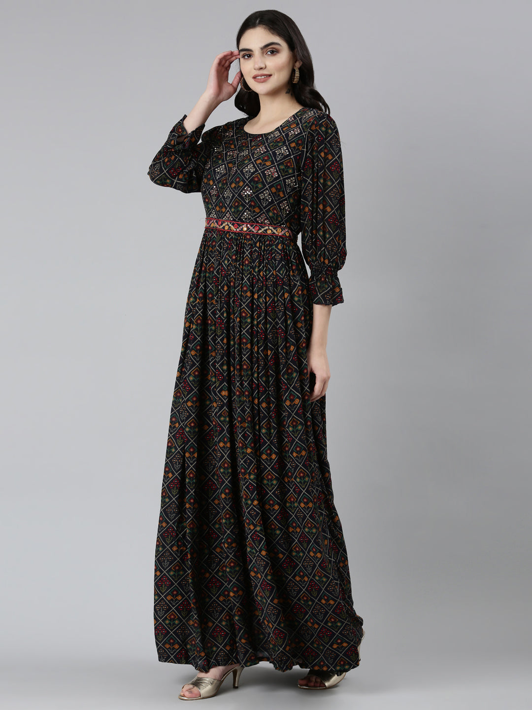 Neerus Blue floral printed straight dress - back view