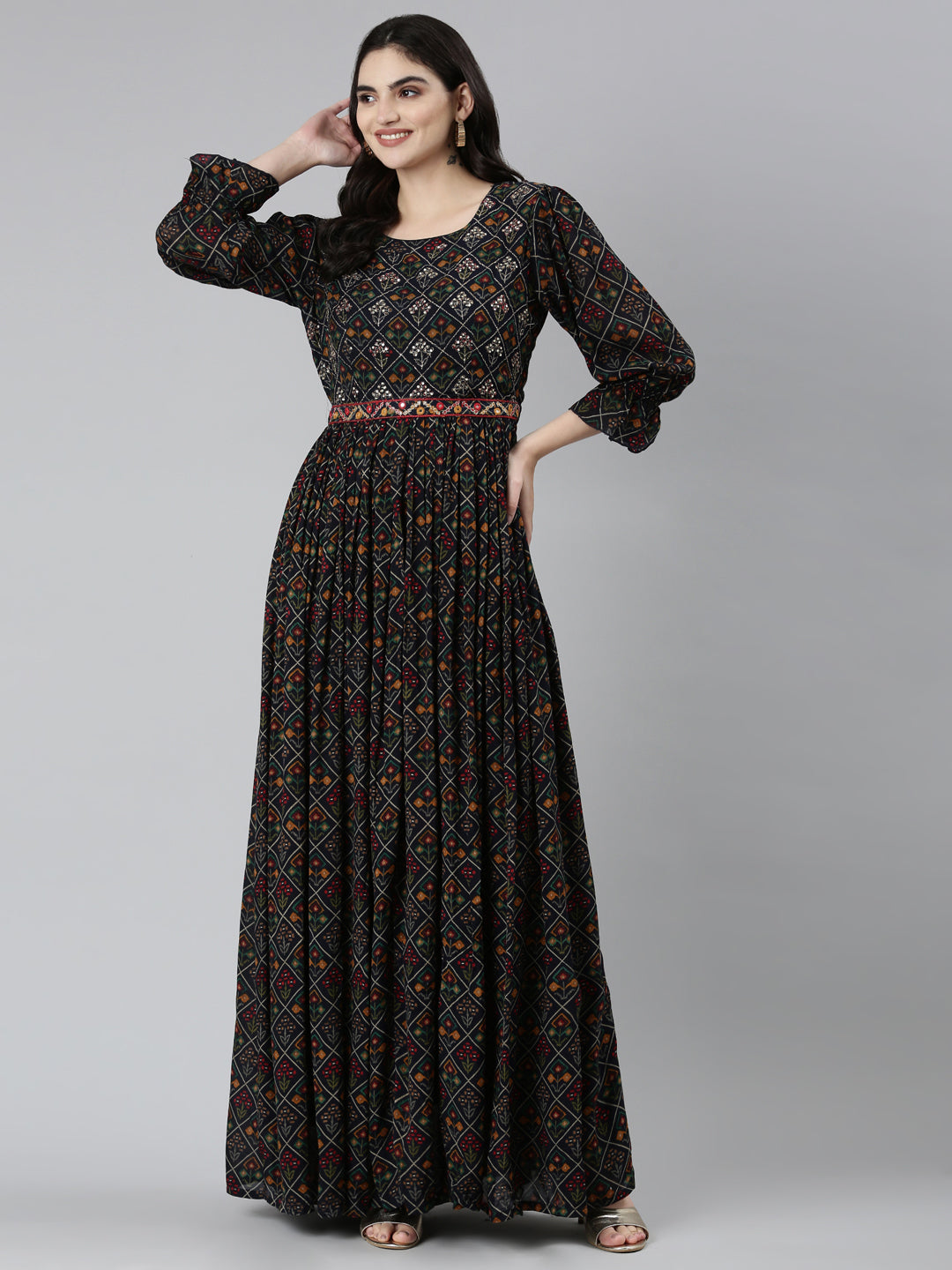 Neerus Blue floral printed straight dress - detail view 2