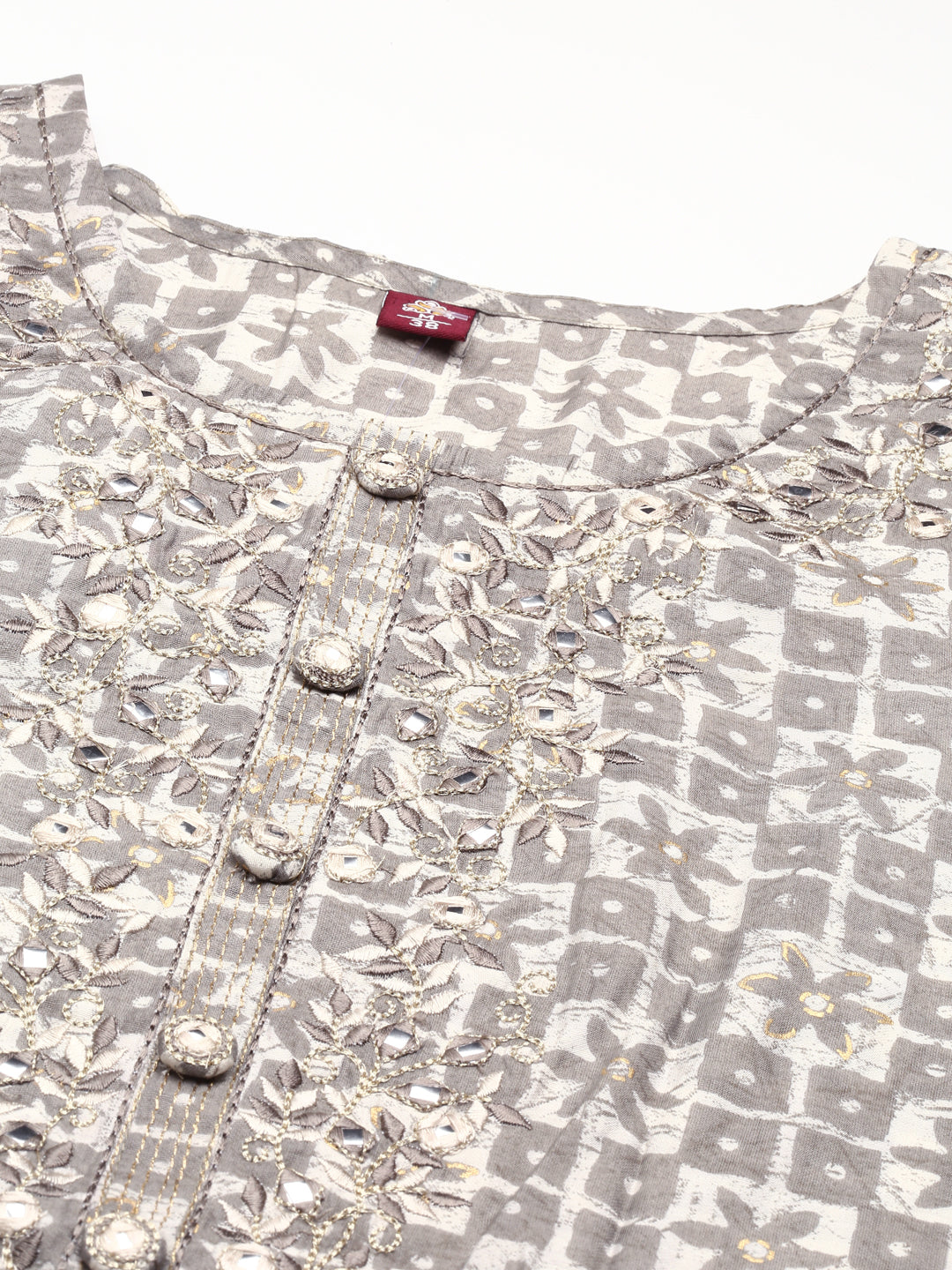 Neerus Grey printed kurta set with trousers - detail view 3