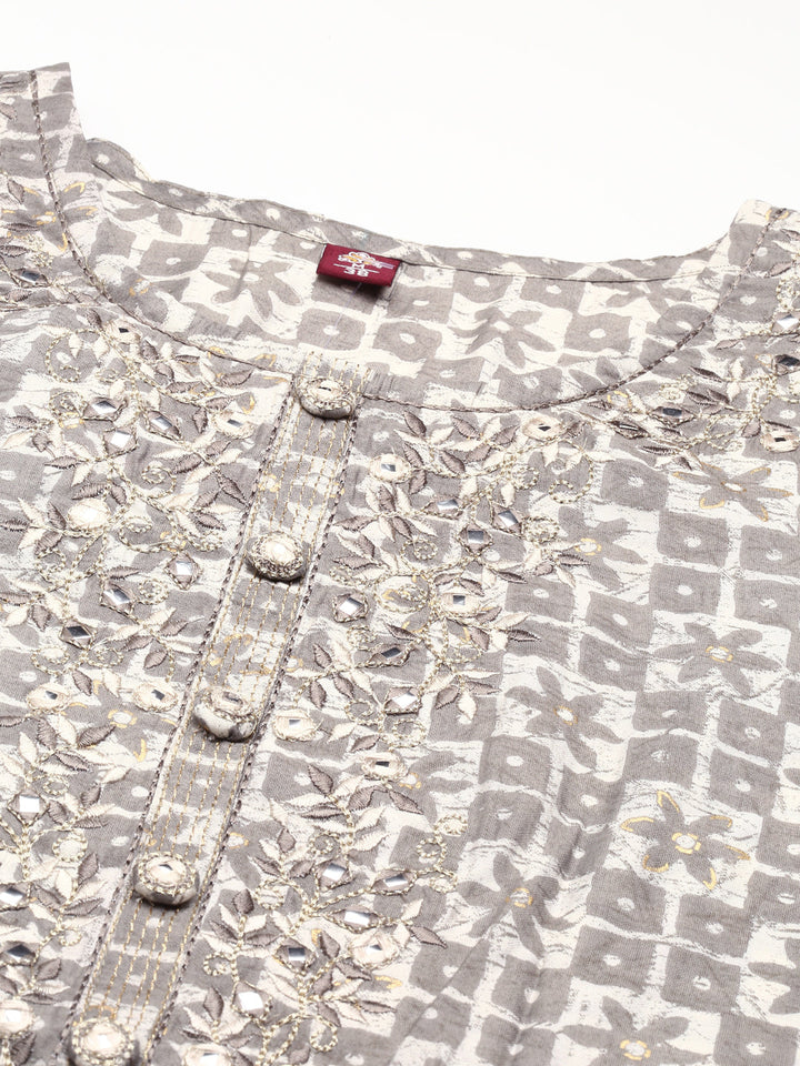 Neerus Grey printed kurta set with trousers - detail view 3