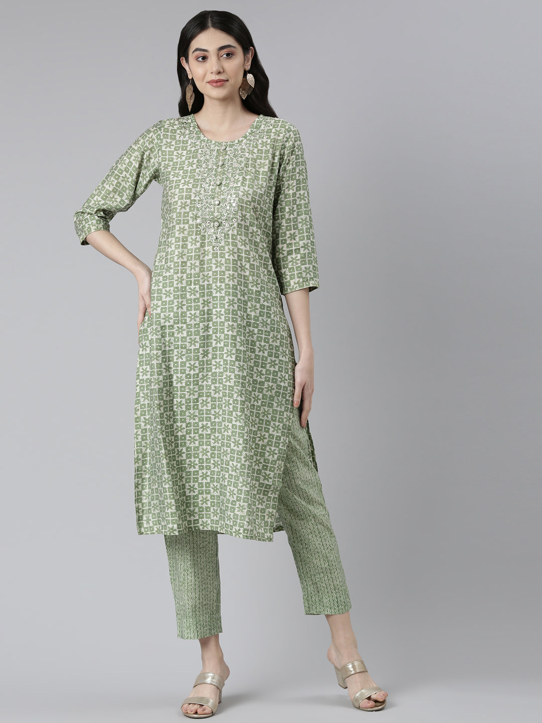 Neerus Green printed kurta set with trouser - front view