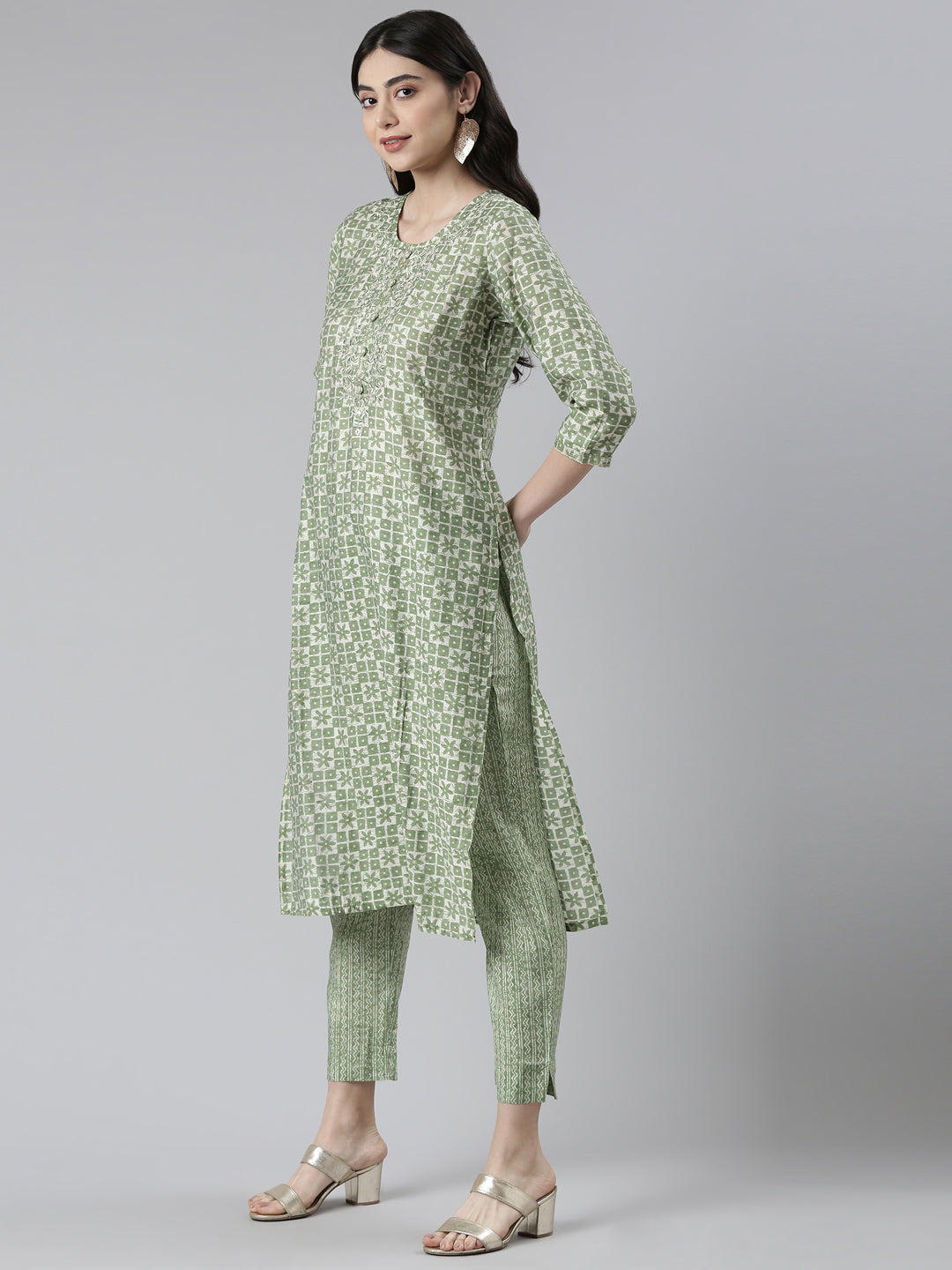 Neerus Green printed kurta set with trouser - back view