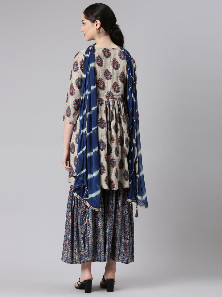 Neerus Blue anarkali suit set with sharara and dupatta - side view