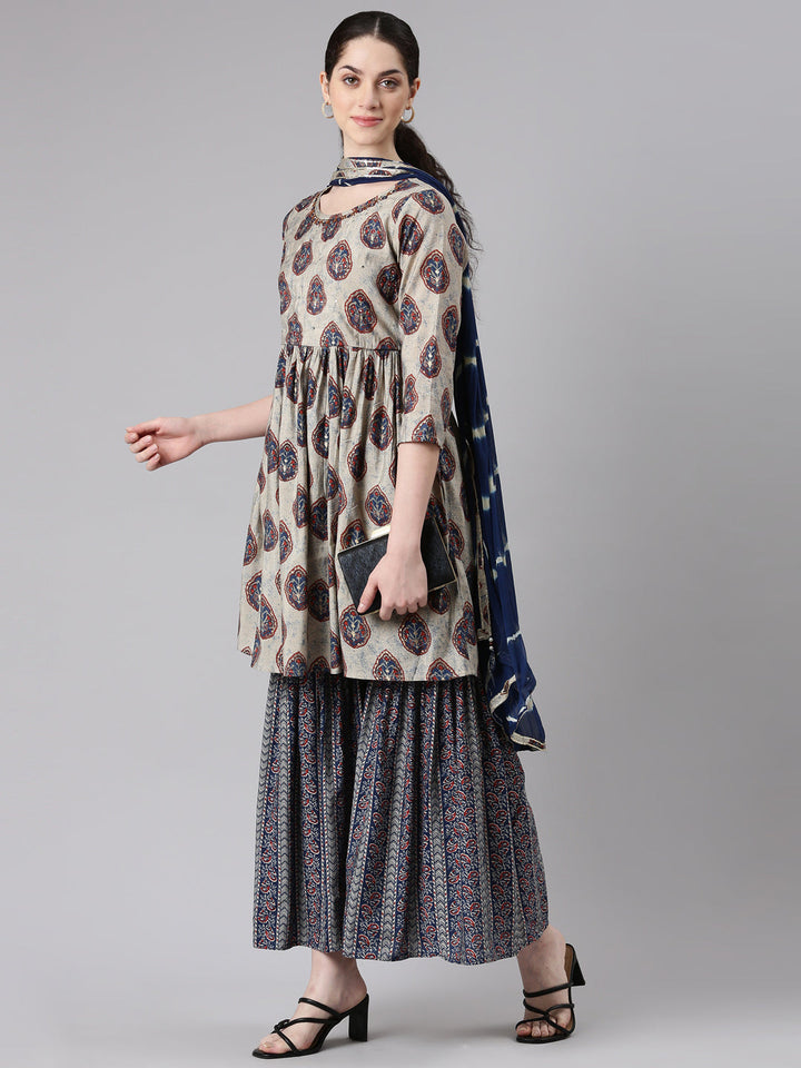 Neerus Blue anarkali suit set with sharara and dupatta - detail view 2