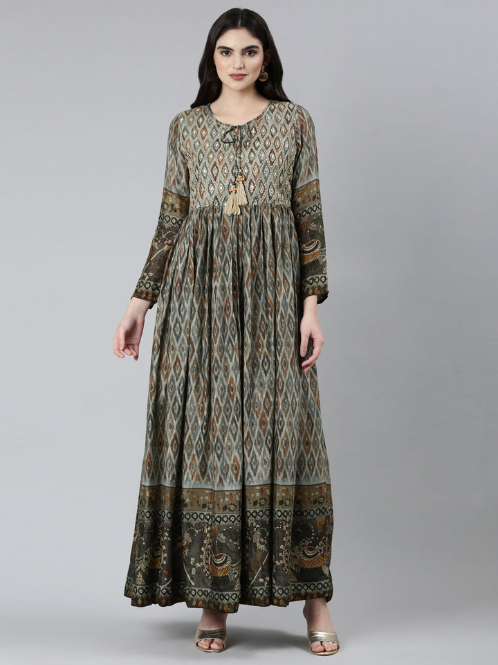 Neerus Olive Straight Casual Floral Dresses