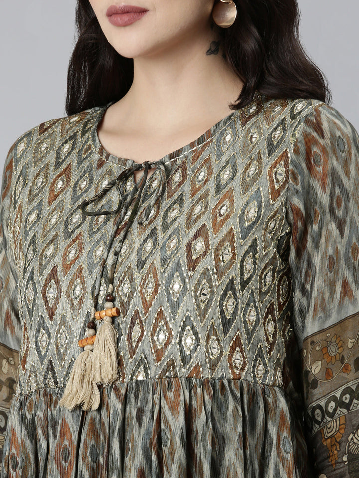 Neerus Olive Straight Casual Floral Dresses