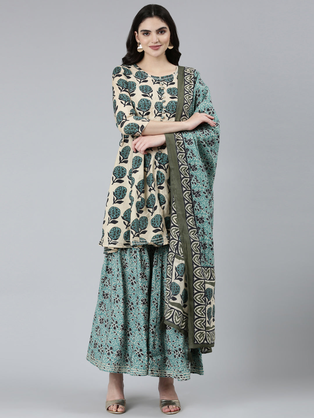 Neerus Green raw silk printed kurta set with sharara and dupatta - front view