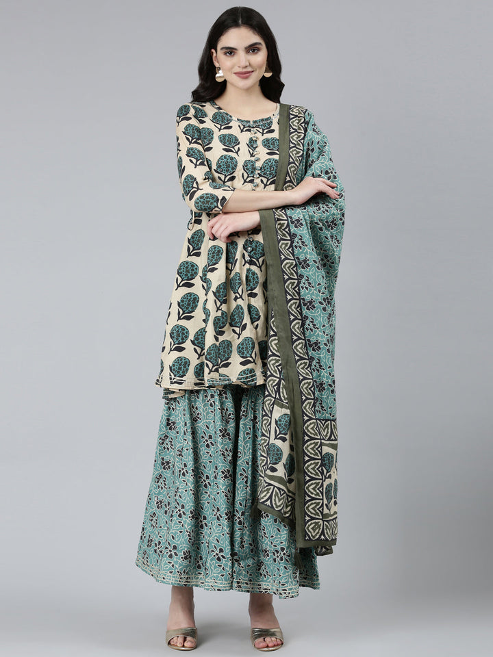 Neerus Green raw silk printed kurta set with sharara and dupatta - front view