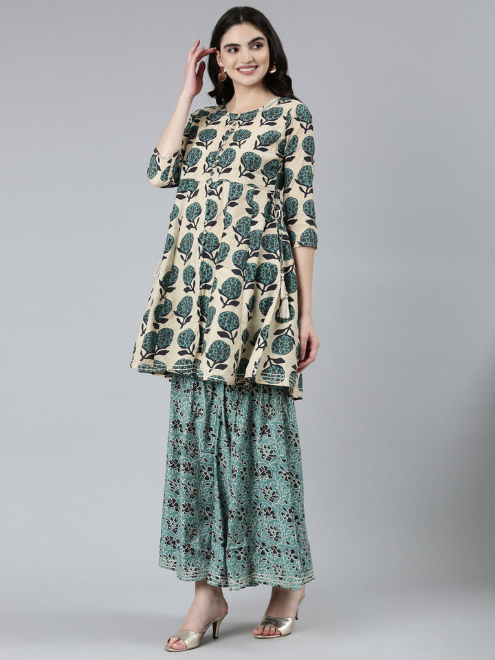 Neerus Green raw silk printed kurta set with sharara and dupatta - back view