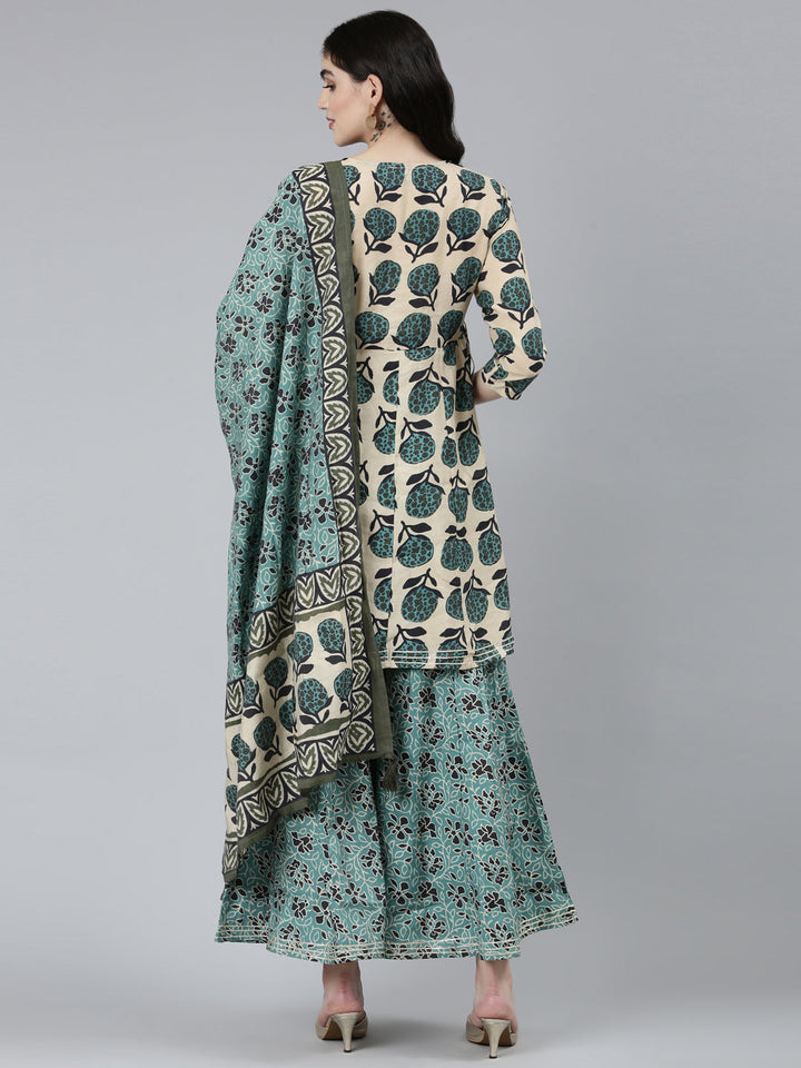 Neerus Green raw silk printed kurta set with sharara and dupatta - side view