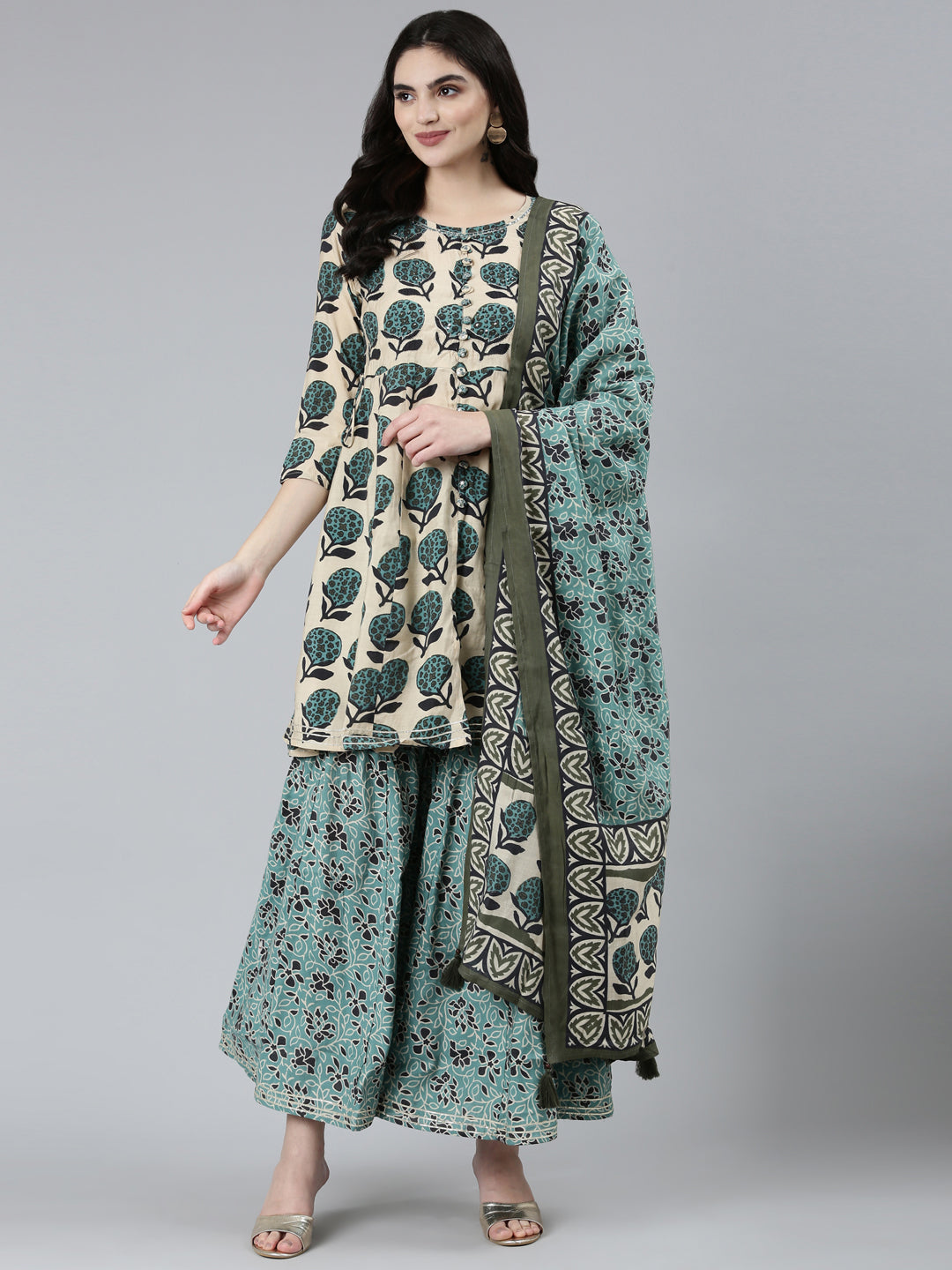Neerus Green raw silk printed kurta set with sharara and dupatta - detail view 2