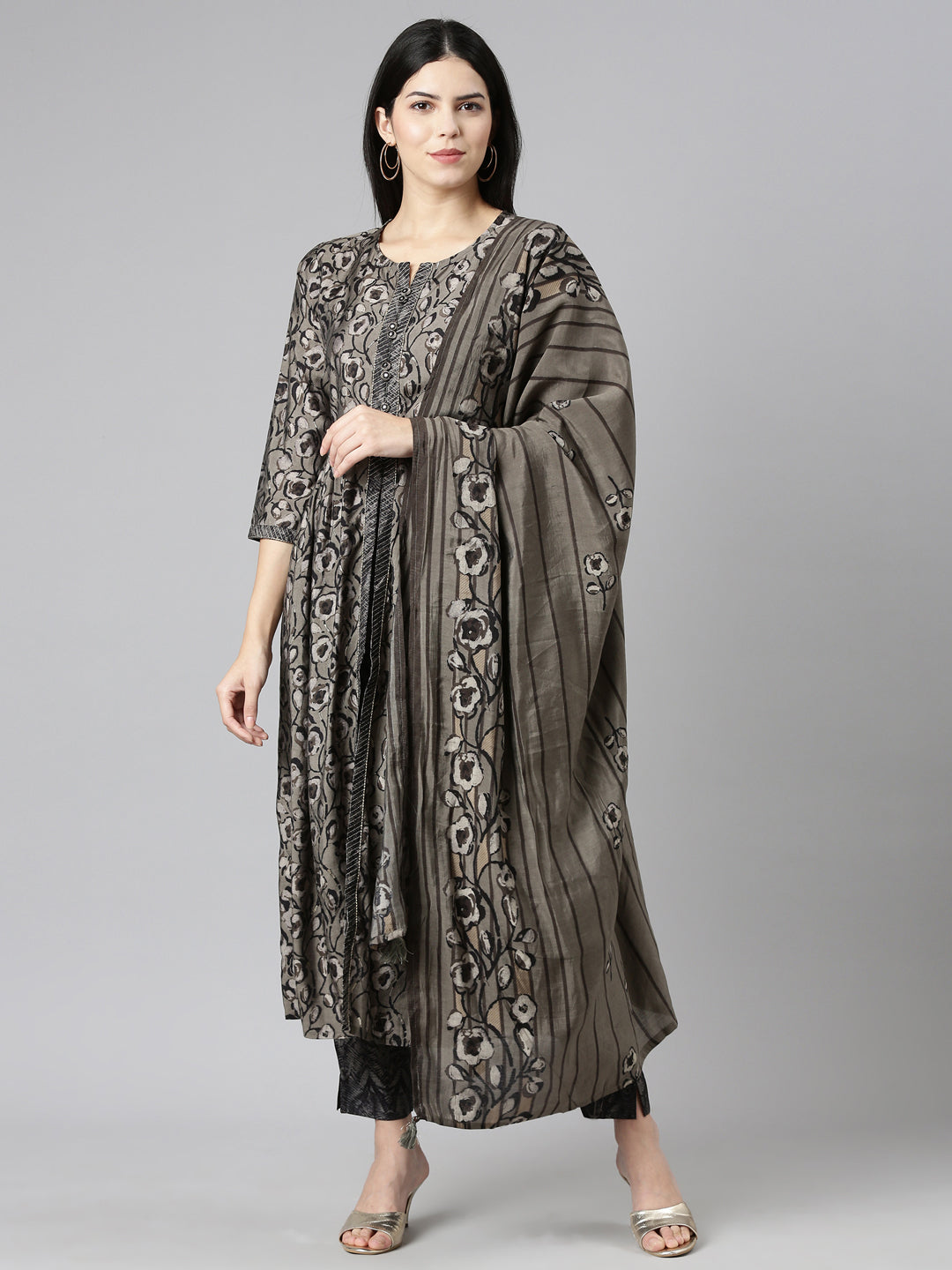 Neerus Grey printed straight kurta set with trouser and dupatta - front view