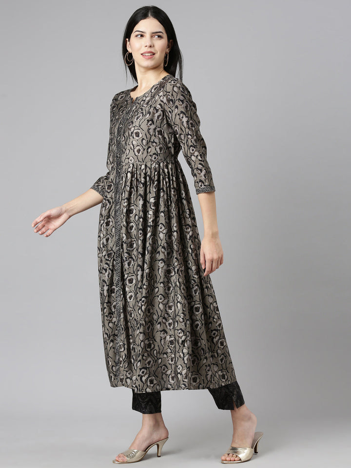 Neerus Grey printed straight kurta set with trouser and dupatta - back view
