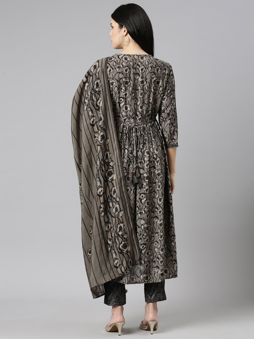 Neerus Grey printed straight kurta set with trouser and dupatta - side view