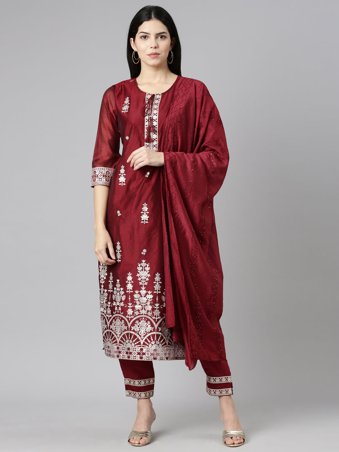 Neerus Maroon embroidered straight kurta set - front view