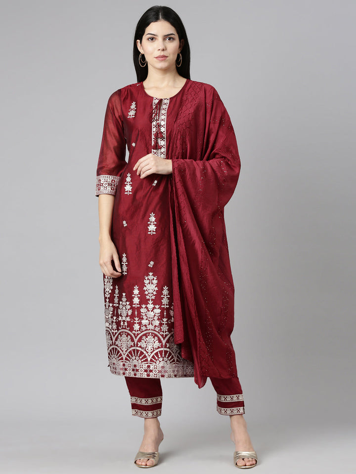 Neerus Maroon embroidered straight kurta set - front view