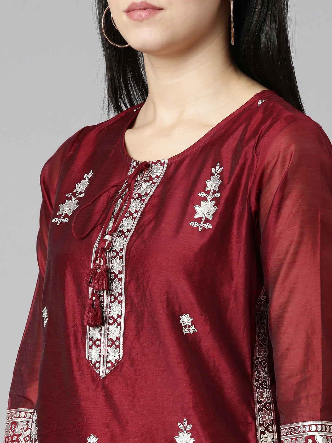 Neerus Maroon embroidered straight kurta set - detail view 1