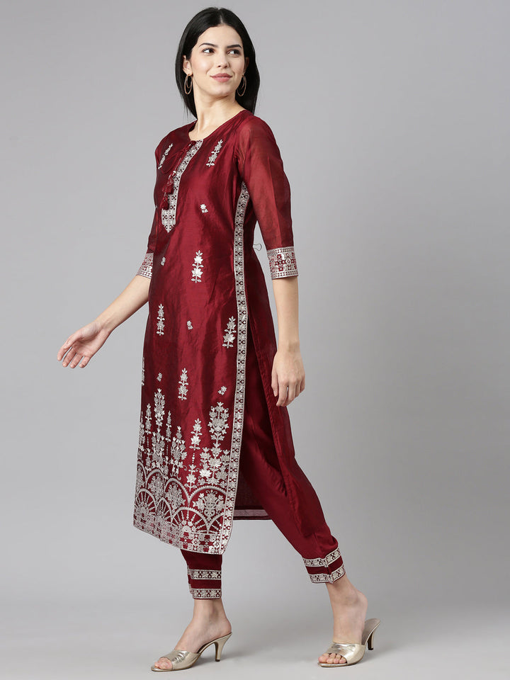 Neerus Maroon embroidered straight kurta set - back view