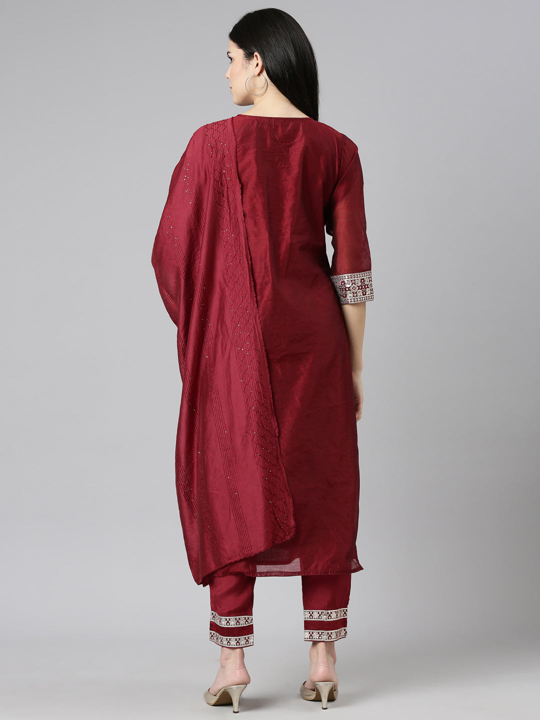 Neerus Maroon embroidered straight kurta set - side view