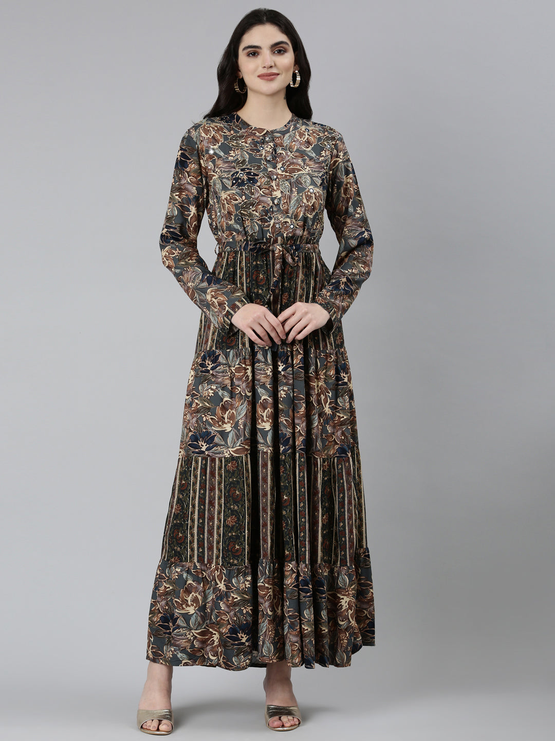 Neerus Green printed floral straight dress - detail view 2