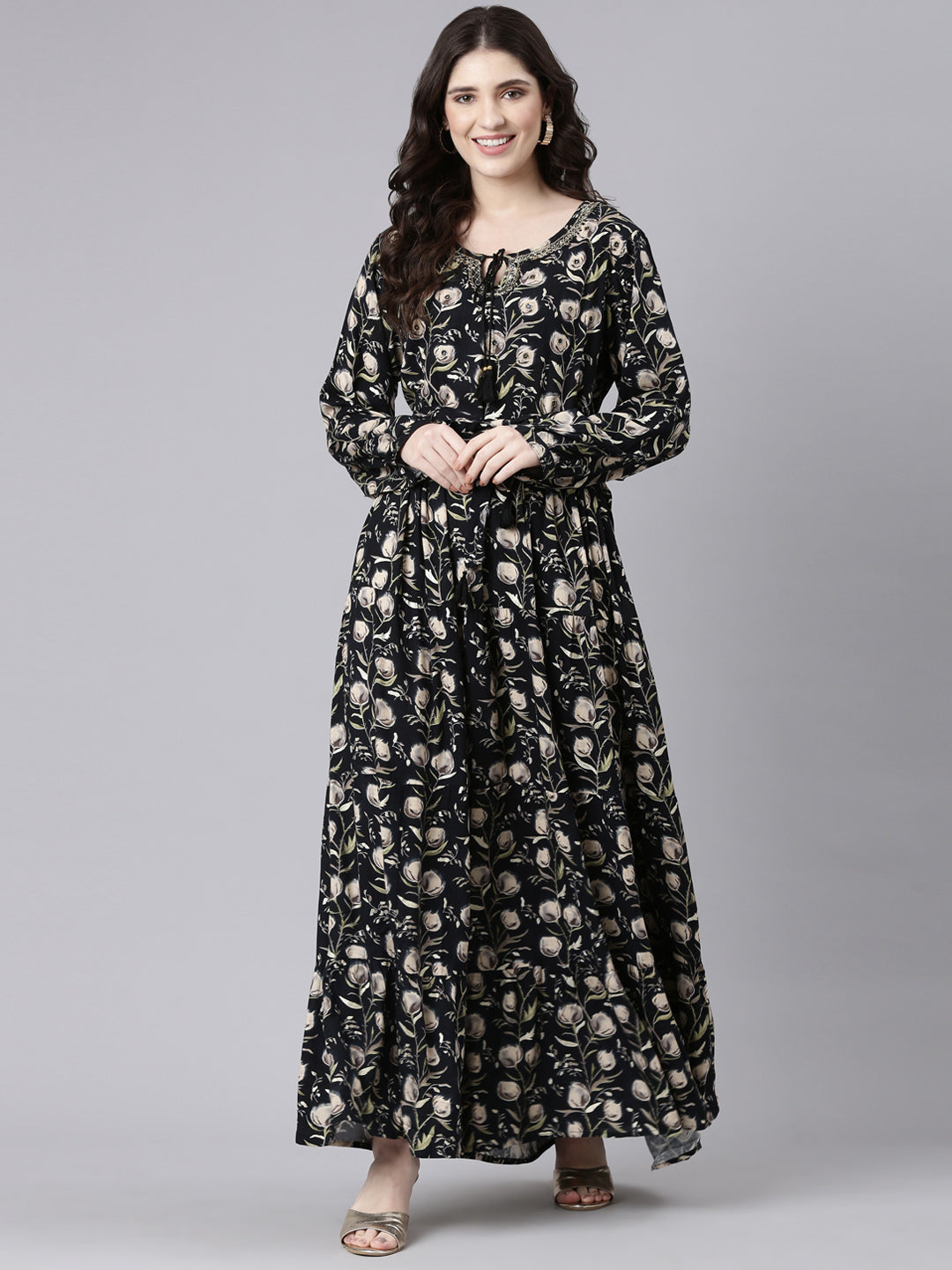 Neerus Black printed flared fit and flare dress - front view