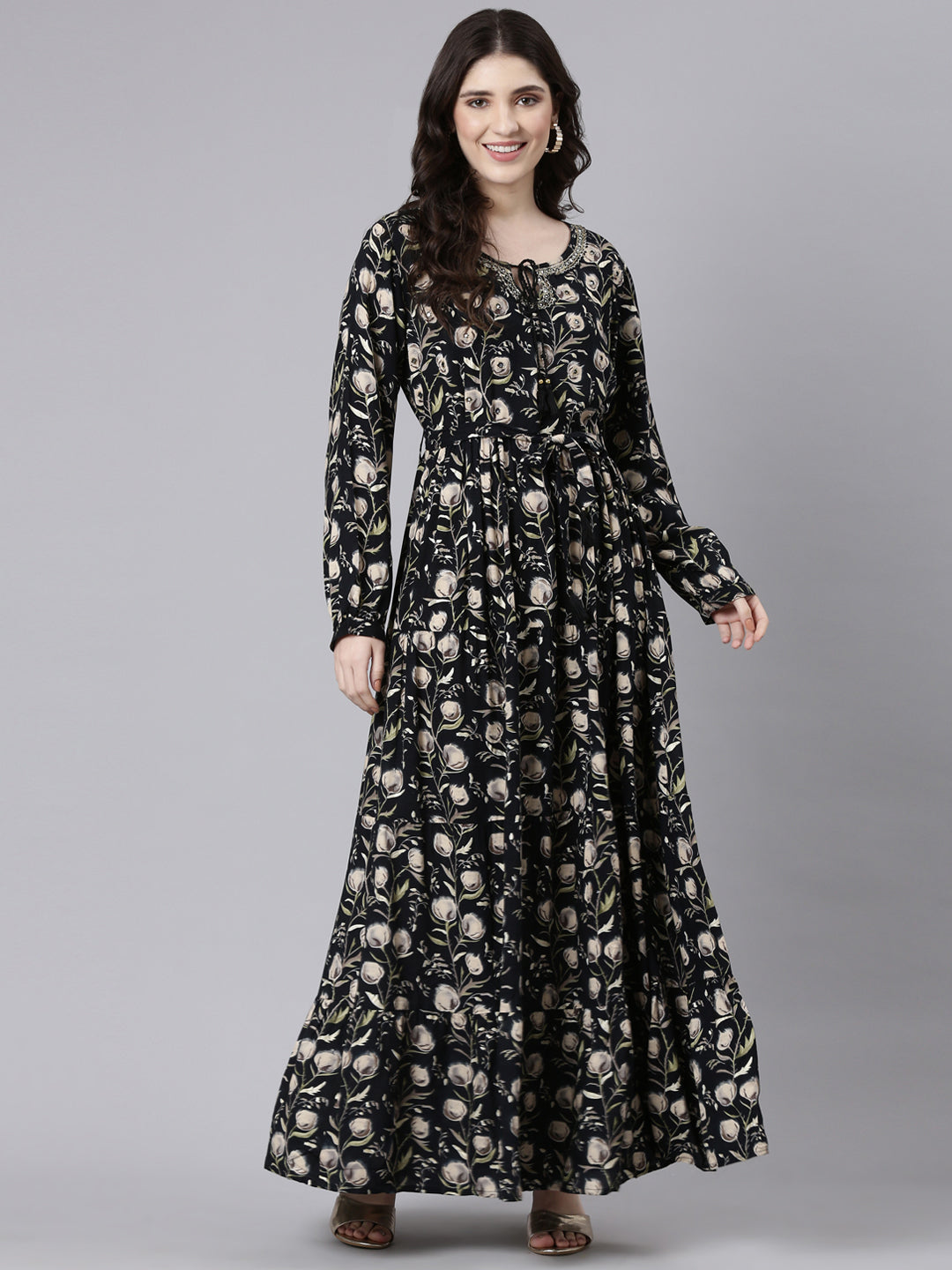 Neerus Black printed flared fit and flare dress - back view
