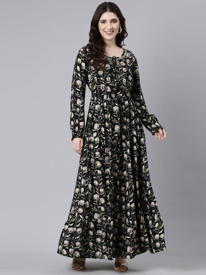 Neerus Black printed flared fit and flare dress - back view