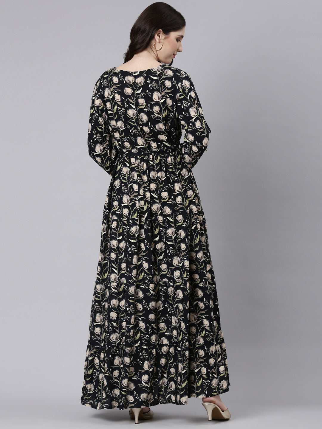 Neerus Black printed flared fit and flare dress - side view