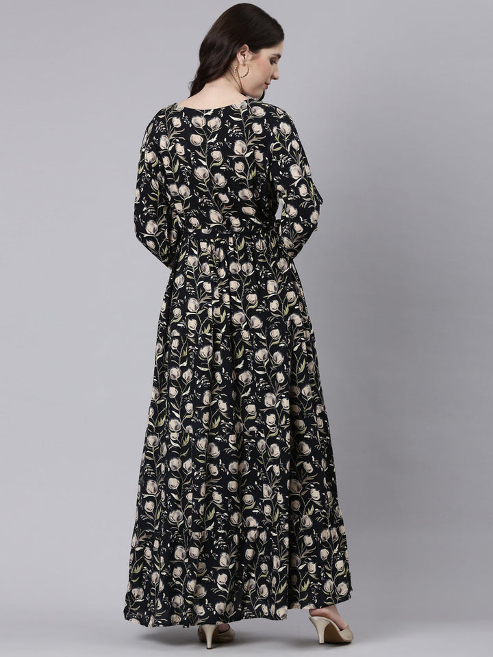 Neerus Black printed flared fit and flare dress - side view