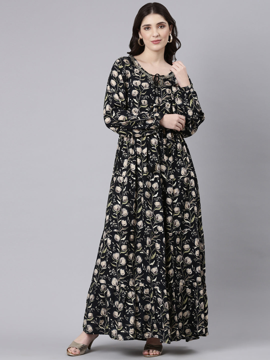 Neerus Black printed flared fit and flare dress - detail view 2