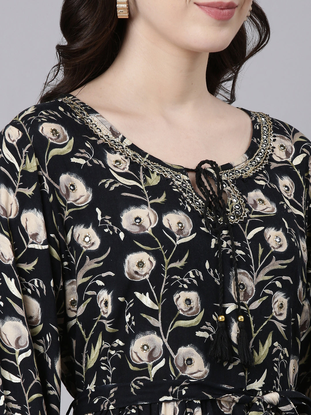 Neerus Black printed flared fit and flare dress - detail view 1