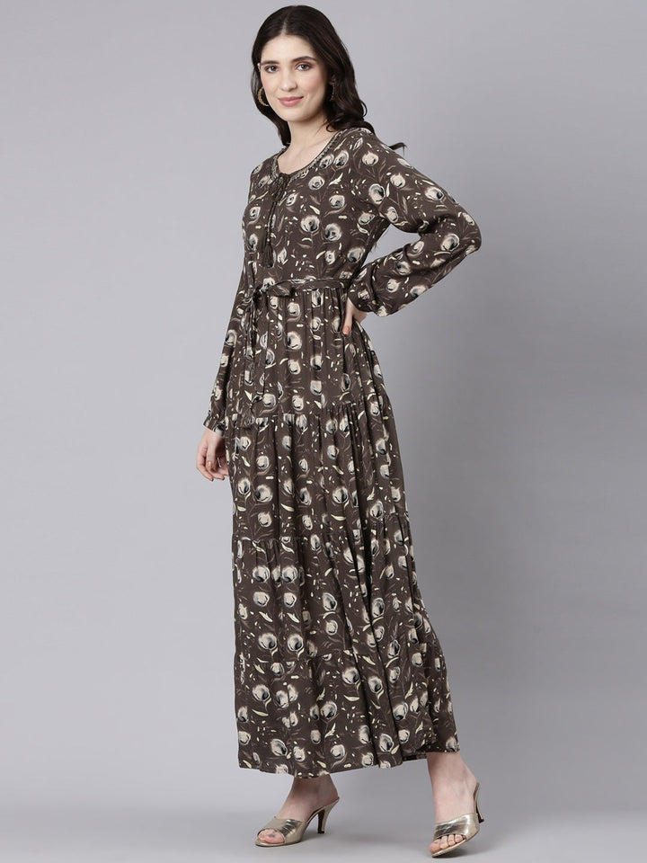 Neerus Olive Flared Casual Printed Fit And Flare Dresses