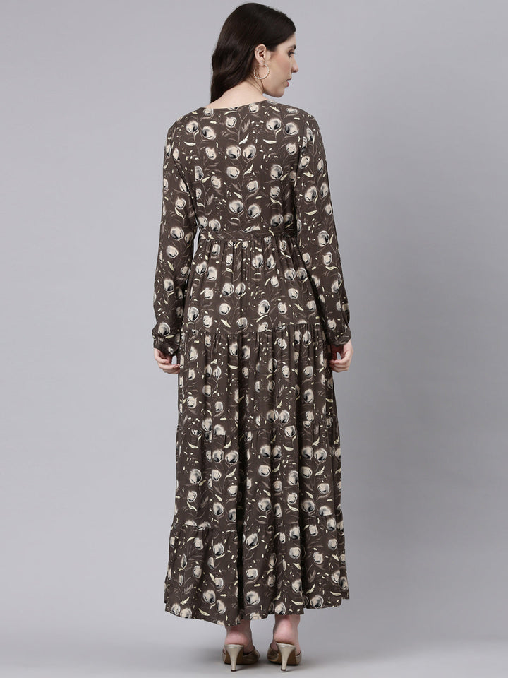 Neerus Olive Flared Casual Printed Fit And Flare Dresses