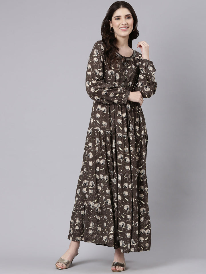 Neerus Olive Flared Casual Printed Fit And Flare Dresses