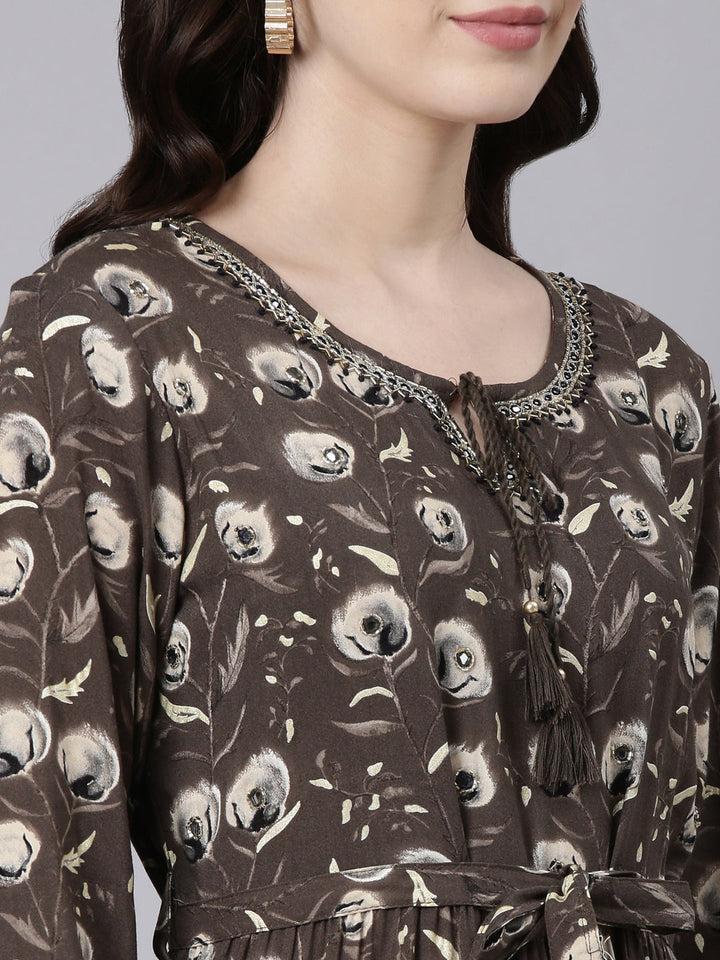 Neerus Olive Flared Casual Printed Fit And Flare Dresses