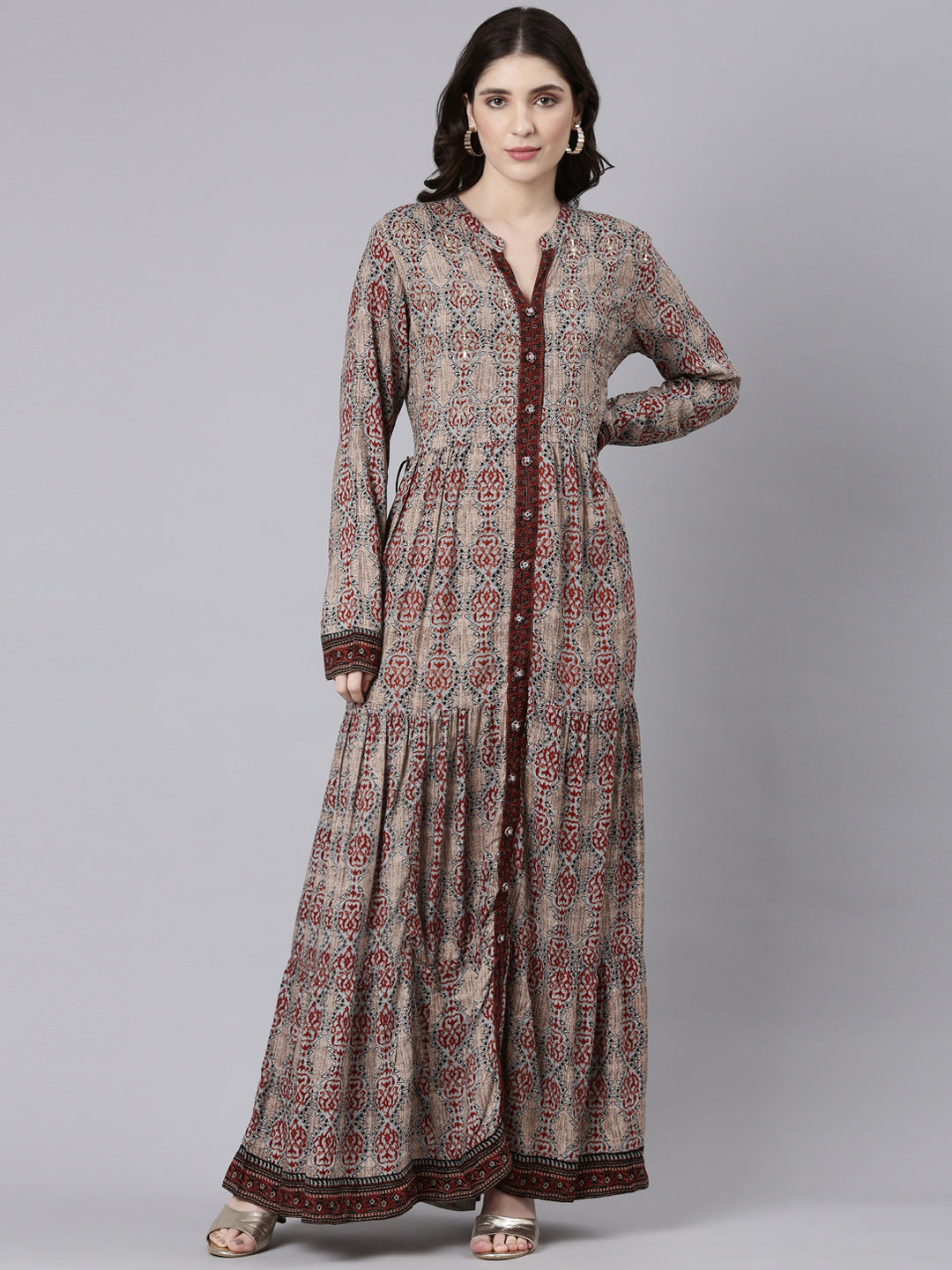 Neerus Beige printed straight maxi dress - front view