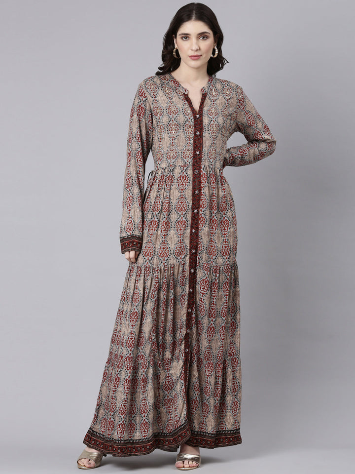Neerus Beige printed straight maxi dress - front view