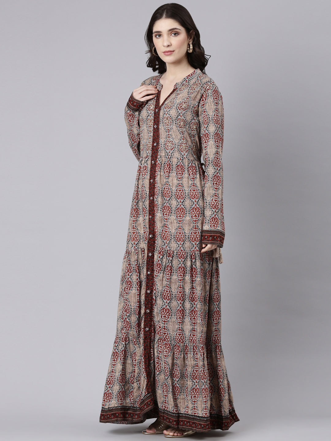 Neerus Beige printed straight maxi dress - back view