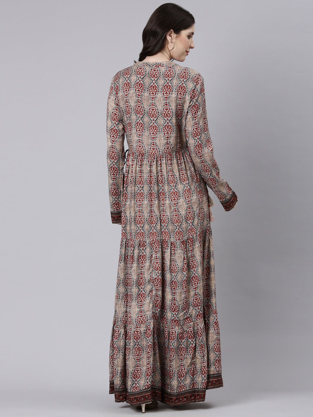 Neerus Beige printed straight maxi dress - side view