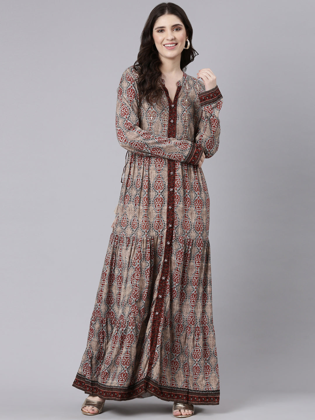Neerus Beige printed straight maxi dress - detail view 2