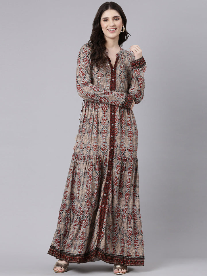 Neerus Beige printed straight maxi dress - detail view 2