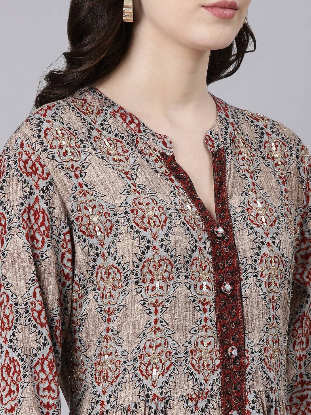 Neerus Beige printed straight maxi dress - detail view 1