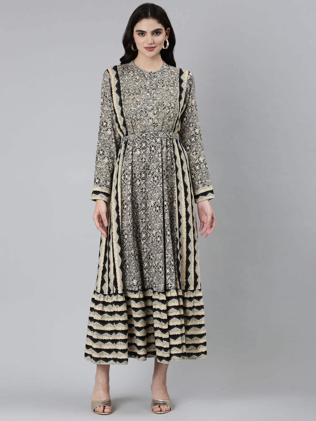 Neerus Grey floral printed straight dress - front view